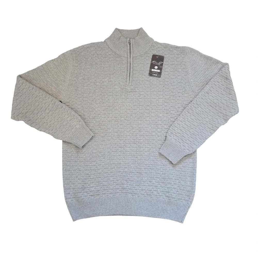 Kian D Los Angeles 1/4 Zip Basket Weave Sweater Mens L Gray Cotton Preppy NWT